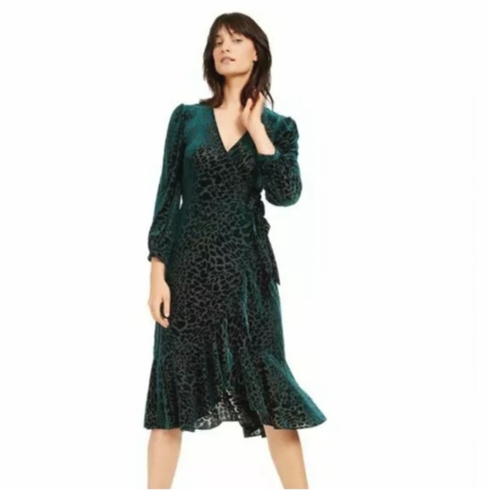 Calvin Klein Green Velvet Burnout Leopard Faux Wrap Dress Midi Long Sleeve 6 - Picture 12 of 13